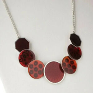 Vintage 90s Silver and Red Enamel Geometric Circles and Octagons Necklace